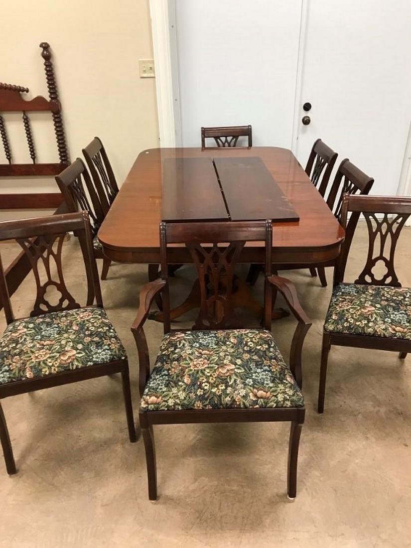 Duncan Phyfe Table w 2 leaves with 8 upholstered bottom: Duncan Phyfe Table w 2 leaves with 8 upholstered bottom chairs Table 42W x 90"L x 29"H chairs 19 1/2"W x 18"L x 33"H