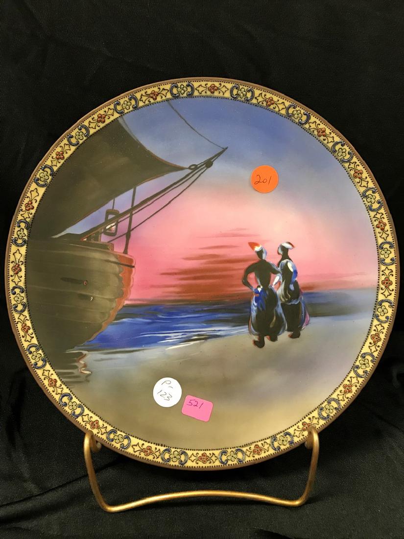 Plaque w Green Mark M in Wreath Nippon Beautiful Blue: Plaque w Green Mark M in Wreath Nippon Beautiful Blue and Red Colors of Ship Sky and Sea with intricate enameled border 521 10"