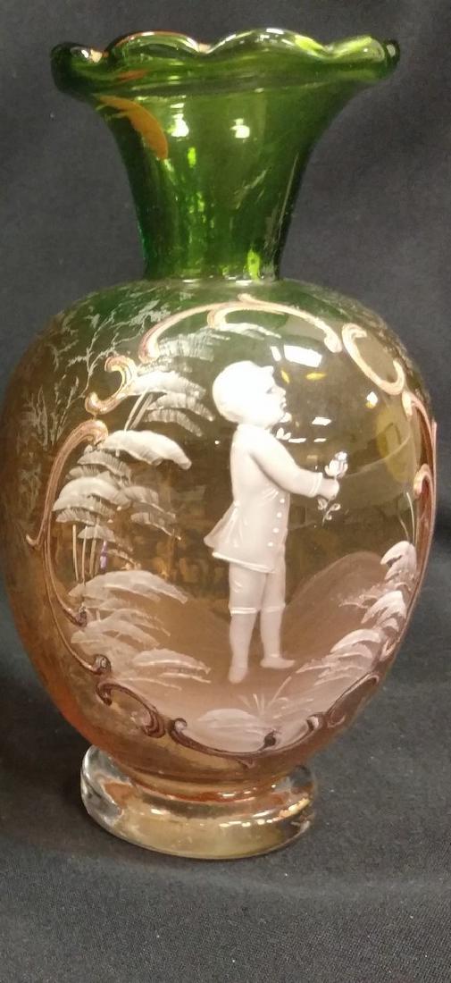 Mary Gregory Vase hand blown w enamel scene of boy: Mary Gregory Vase hand blown w enamel scene of boy 6 1/4"H x 2 1/2" D