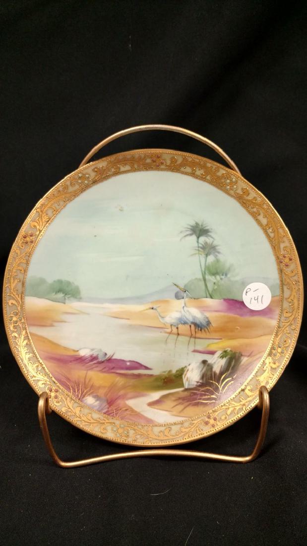 Nippon Plate Green M Gold Trimmed Beaded with Cranes in: Nippon Plate Green M Gold Trimmed Beaded with Cranes in Water 8"