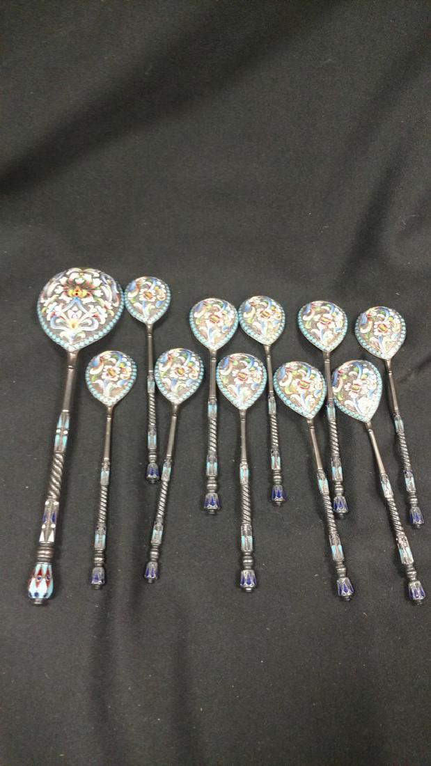 Russia Silver Cloisonne Spoons  10 Small spoons and 1 (1 of 3)