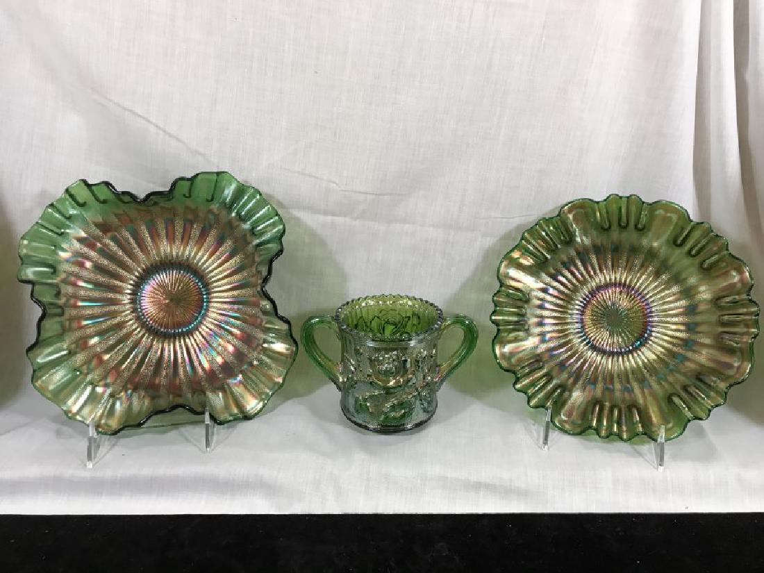 Bowls (2) & Spooner: Green Stippled Rays Four Sides Up Fenton - 10 1/4" W x 4" H & Green Stippled Rays Three In One Edge - 9" W & Green Lustre Rose Imperial - 6 1/2" W x 4" H