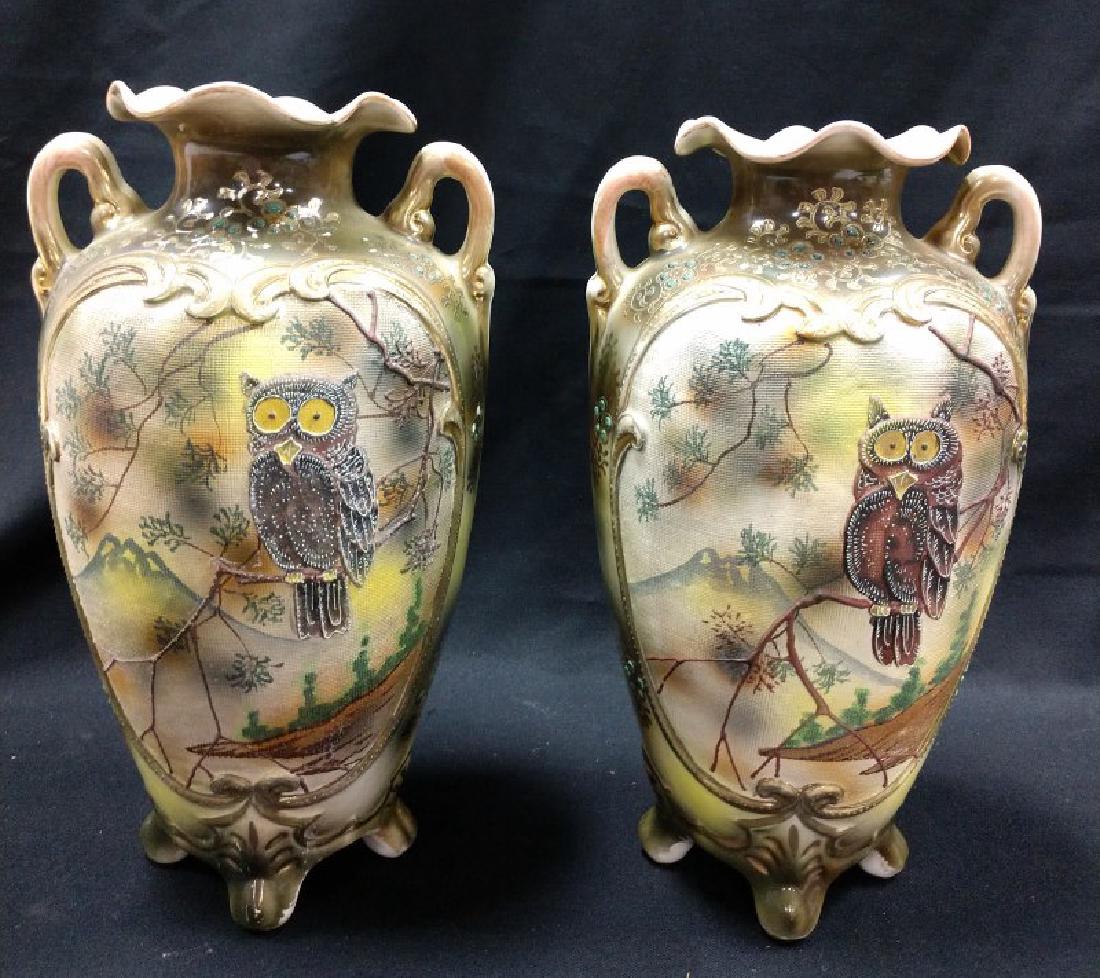 Porcelein Nippon Moriage Owl Bird Vases
