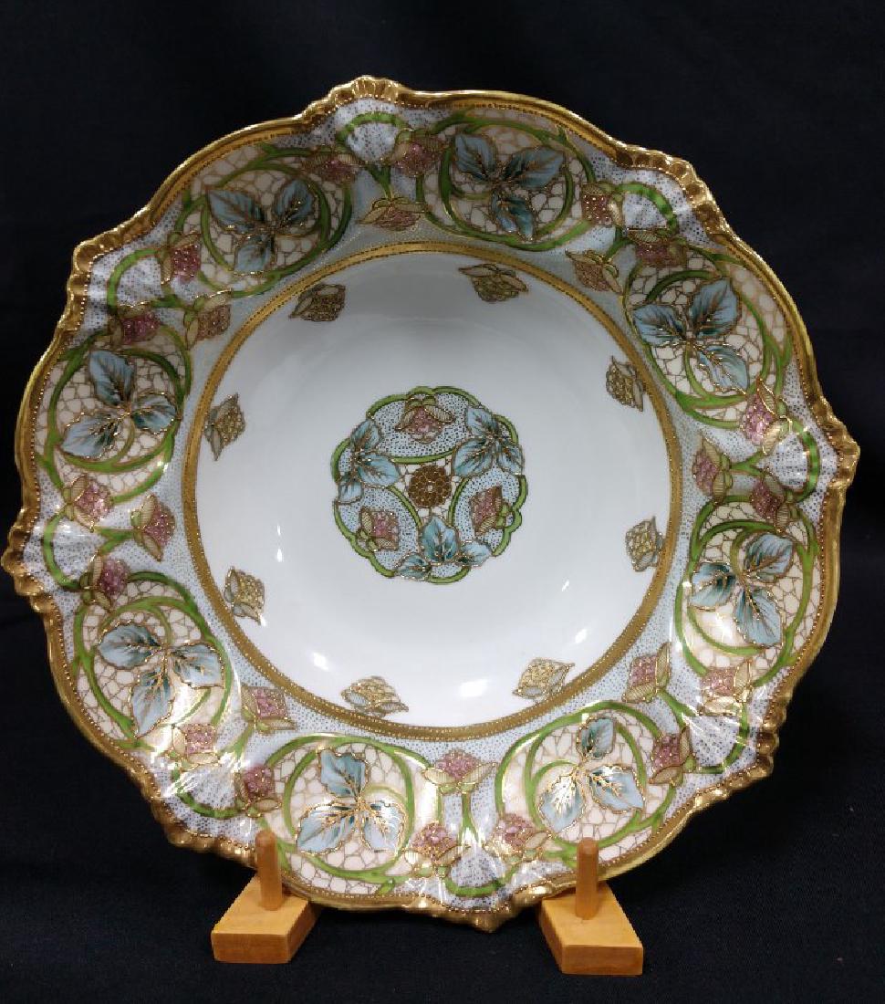 Nippon Bowl: Hand painted Bowl with Gold Beading and Bands 10 1/2"D RC