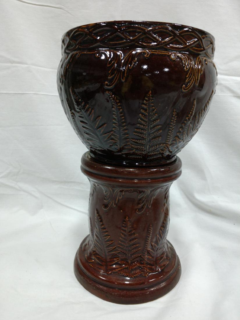 Jardiniere & Pedestal: Dark Brown w ferns Jardiniere 7 1/2"D x 6"H, Pedestal 5 1/2"D x 7"H x 7"Base unmarked, chip on base of inside pedestal