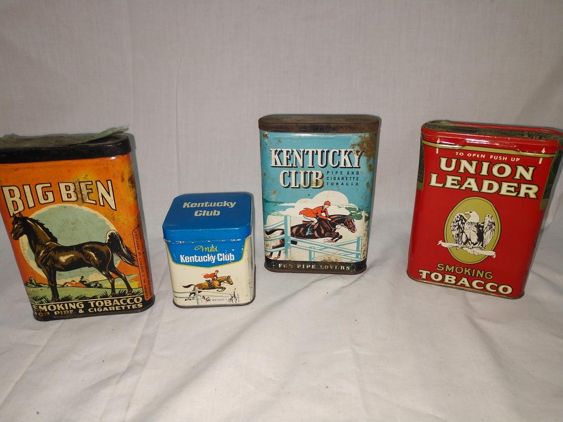 Tobacciana - Tobacco Tin Group of 4: (1) Mild Kentucky Club Tin (cube) 2 1/4" x 2" x 2 1/4"D, scratches and little rust; (1) Kentucky Club Tin 4 1/2" x 3" x 1"D, worn, rust & chips; (1) Big Ben Tin, Louisville, KY USA with partial tax st