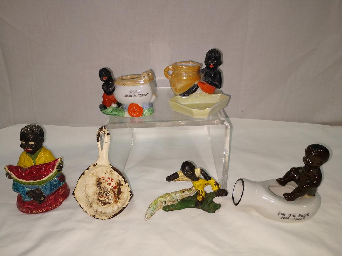 Black Americana Collection: Little Boy Eating Watermelon made of Chalk Paint Loss 4"H x 2 3/4"W; Cast Iron Skillet (small) Ashtray with Aunt Jemima in center. Paint loss 3"W x 4 1/4"D x 1/2". Little Black Boy bitten by Alligator
