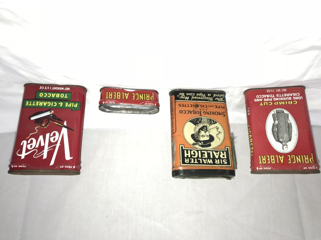 Tobacciana - Tin group of 4: (1) Prince Albert Crimp Cut VP Tin, 4 1/4" x 3" x 1"D, rust, scratches & chips; (1) Prince Albert Matchholder or Sampler 3"x1" x 1"D, scratches; (1) Velvet Pipe & Cigarette Tobacco VP Tin, 4 1/4" x 3"