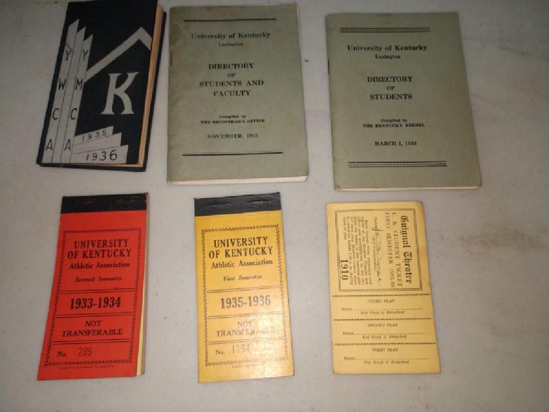 University of Kentucky Collectibles: Lot of 6 - Directory of Students & Faculty 1933 and 1934, University of KY "K" Book 1935-36; U of KY Athletic Association Ticket Book - Event #75-93 2nd Semester 1933-34; U of KY Athletic Association 