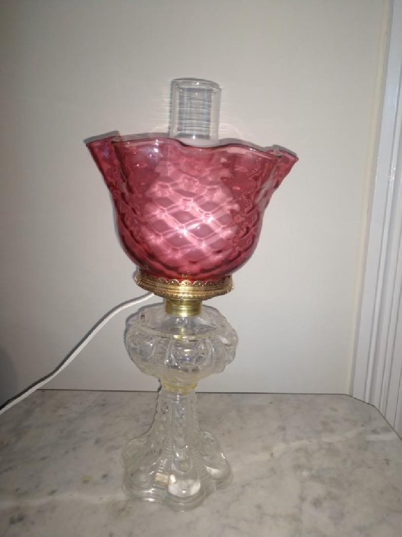 Lamp - Kerosene With Cranberry Ruffle Shade, Lincoln (1 of 3)