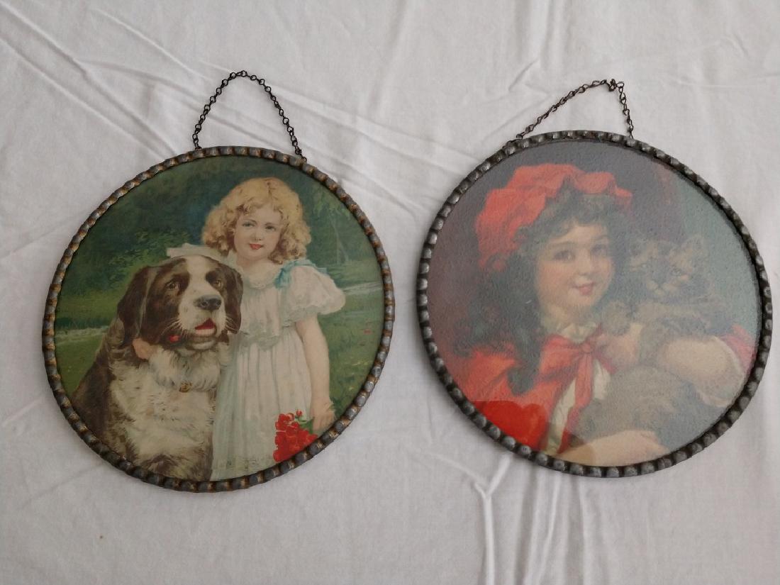 Flue Covers (2): Girls with Dogs 7 1/2"D, (1) Red Girl with Gray Cat 7 1/2"D