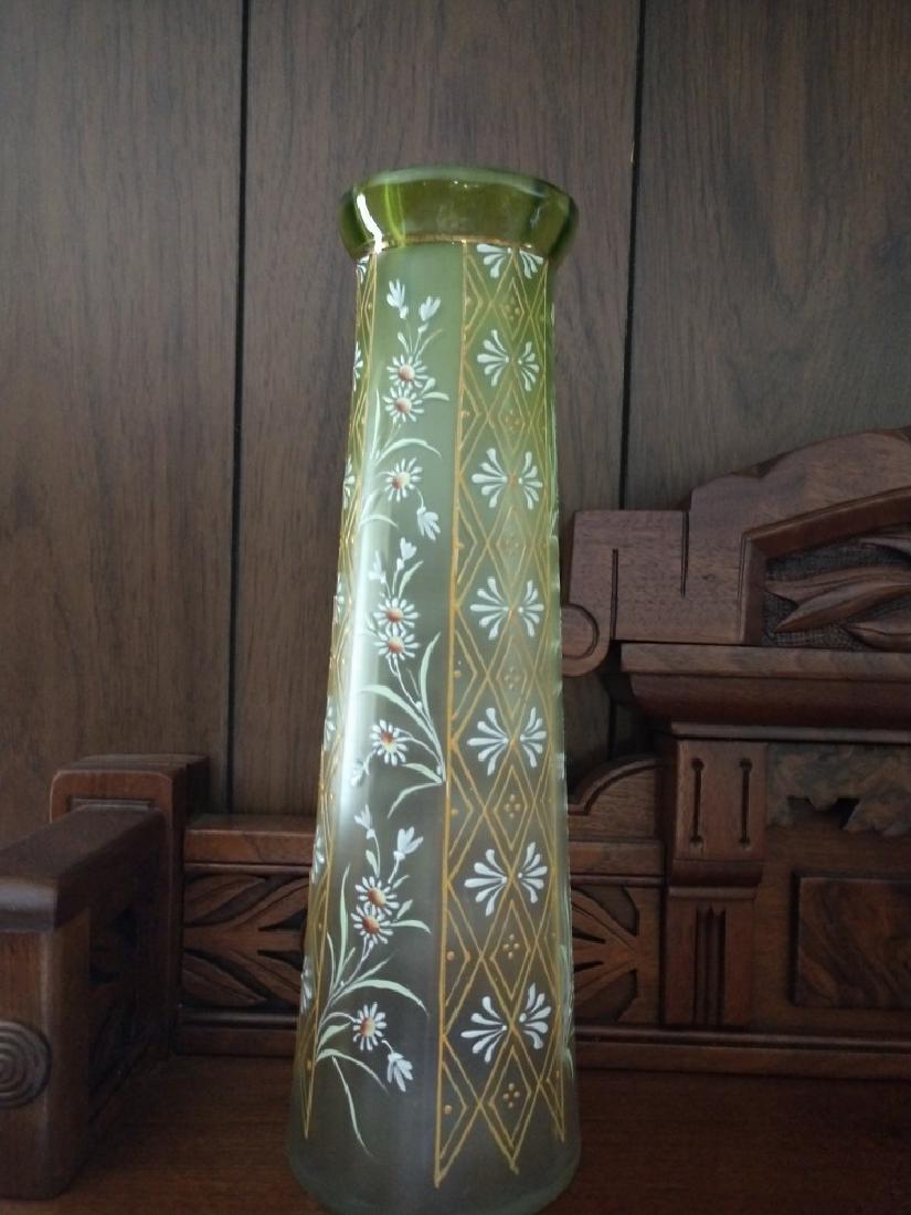 Art Glass - Clear to Green Vase: Daisy & Diamond Pattern Clear to Green. Small nick on top. 3"top opening 4"Base, 12"H.