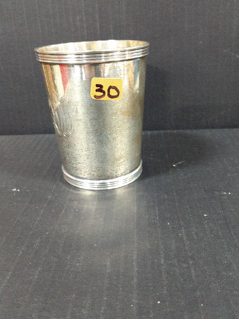 Sterling Silver - Mint Julep Cup: Sterling 2759, engraved on front DJW , shows tarnish. Cup design includes 4 Ribs at top and bottom rims . 3 5/8"H x 2 15/16"W x 2 3/8"base; Approximate Weight 3.675 troy ounce