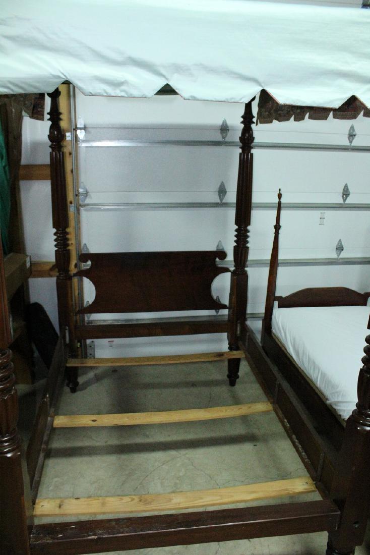 Furniture - Mahogany Bed: Mahogany carved four poster tester bed with canopy. Intricately turned posts with ebonized decoration. Heavy made early bed. Some chips and scratches. 84"L x 61"W x 96"H