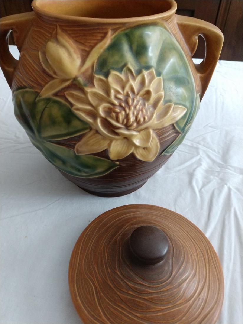 Pottery - Roseville Cookie Jar 1-8": Water Lily Brown, Yellow & Green, 2 handle 10 1/2"H X 9" Handle to Handle, 4 3/4" Base