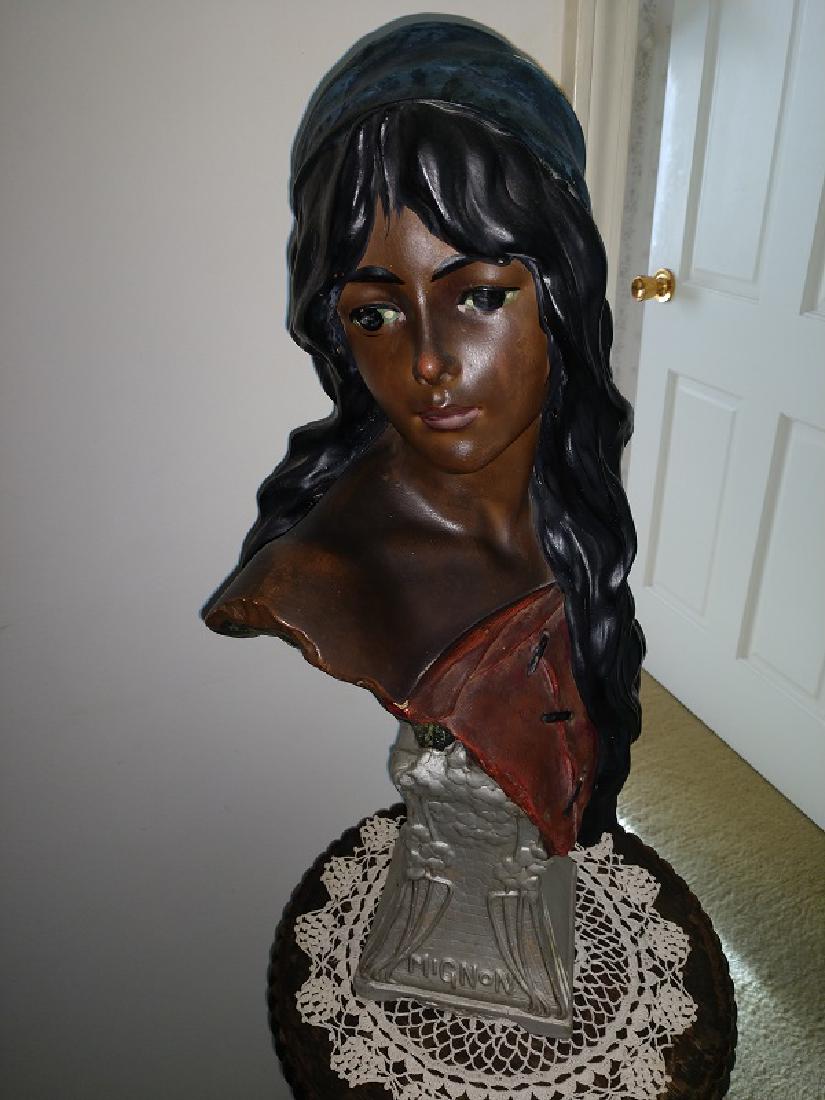 Chalk - Native American MIGNON: Beautiful Chalk Figural Native American Bust Statue. "Mignon" 21"T x 10 1/2"W Red leather top, dark hair, scarf. Base 5"x5 1/4" silver tone base.