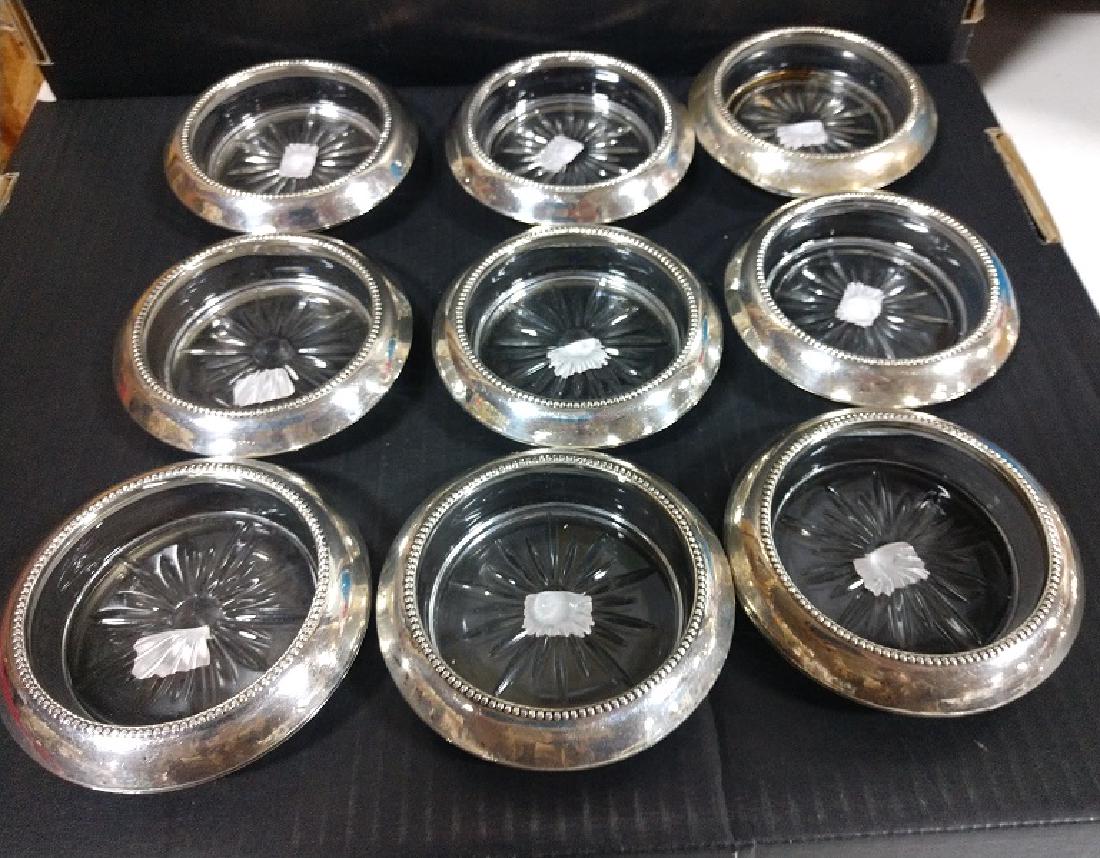 Sterling Silver and Glass Coasters: (9) Glass with Sterling Silver Coasters by Frank M Whiting Co. 04 Pat. Pending