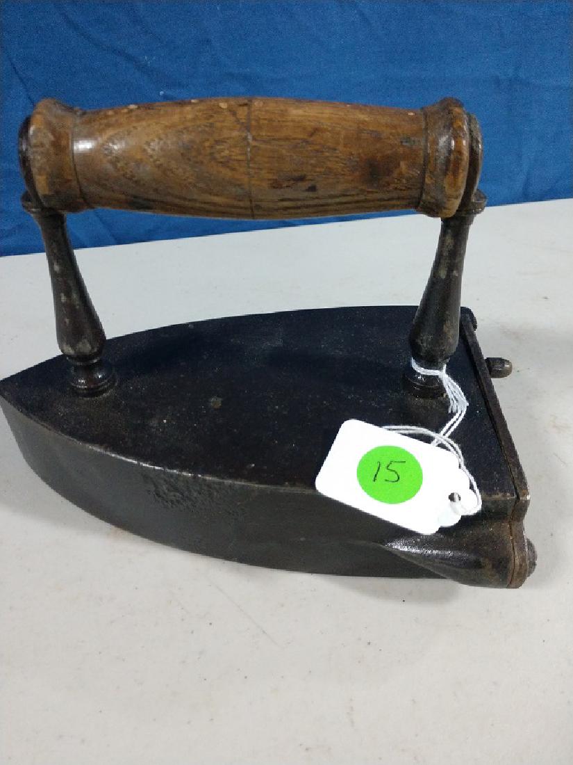 Iron - Left Handed Box Iron: Left handed box iron with slug and wooden handle.