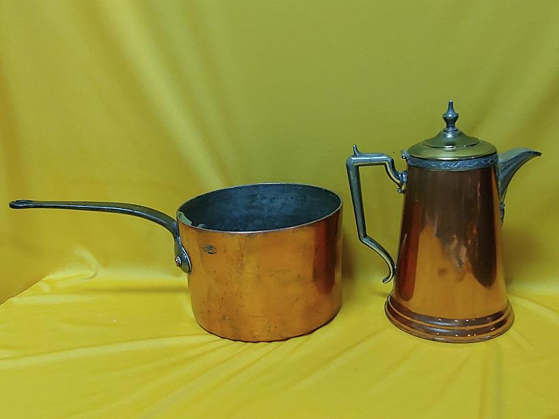 Metal - Copper Cooking Pot & Brass Coffee Pot: Lg. Copper plated cook pot w/iron handle. Inside pot unknown metal. Magnet does not stick. Has aluminum or Pewter appearance. Brass Coffee Pot with brass lid. Silver plate spout and handle. Ornate rin