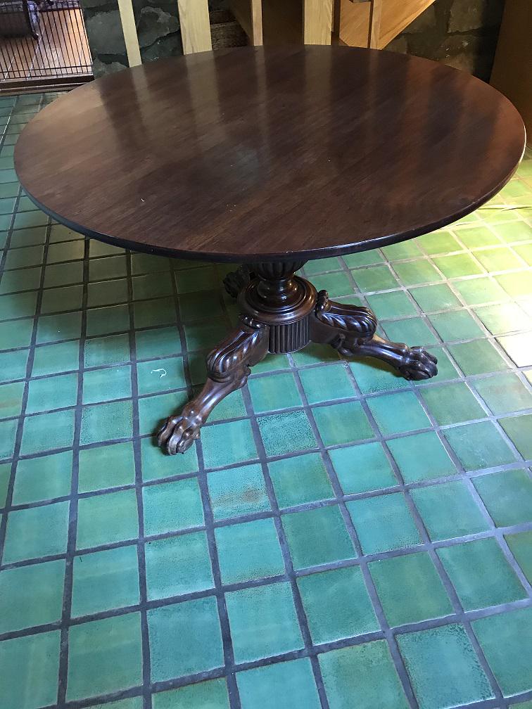 Furniture - Tilt Top Table: Mahogany Single pedestal tilt top table. 3 Claw footed legs.