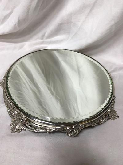 Mirrored Plateau: Ornate silver-plate base. Mirror is beveled edged.