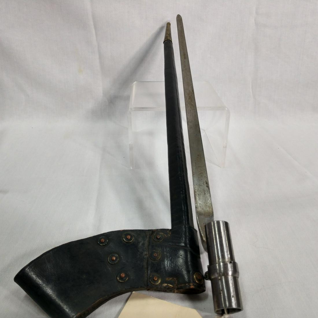 Bayonet With Scabbard: Blade has US on it, letter A. Bayonet- MI155 With Black Leather and Brass tip Scabbard