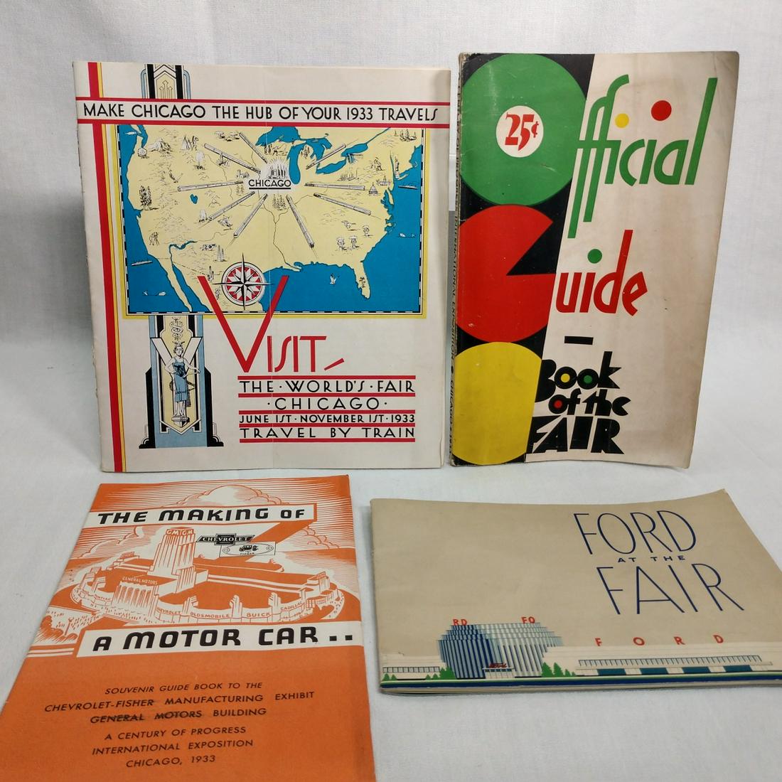 Ephemera 1933 Chicago World's Fair- 4 Books: 177 Page Official Fair Guide Book, Hub of the Travels book, Ford booklet, Chevrolet Souvenir Guide Book