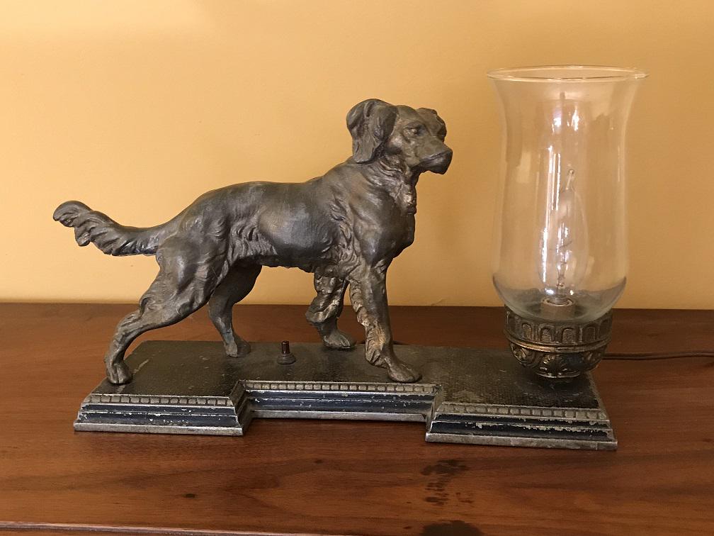 Light - Dog Lamp: Pewter with gold highlights has had rewiring done. Shade base is loose but stays on. Untested