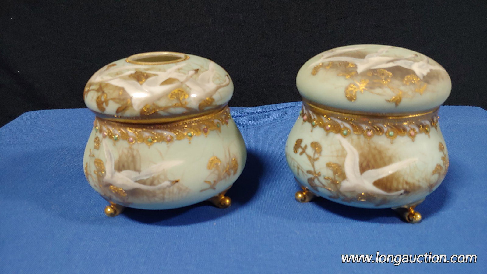 Nippon - Hair Receiver & Power Box: Nippon - Matching Hair Receiver and footed Powder Box. Hand painted, trimmed in gold with green and purple enameled jeweling. "Flying through the Marsh Reed" pattern.