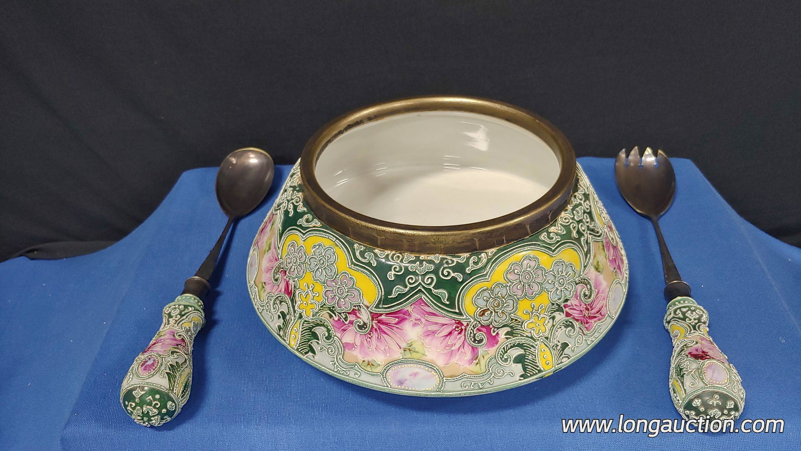 Nippon - Salad Bowl with Fork & Spoon: Unmarked Moriage Nippon Salad Bowl with moriage handled fork and spoon. Silver plate ring around top of bowl and silver plate fork and spoon. Numbers 1790 embossed on bottom of bowl. Utensils 12"L
