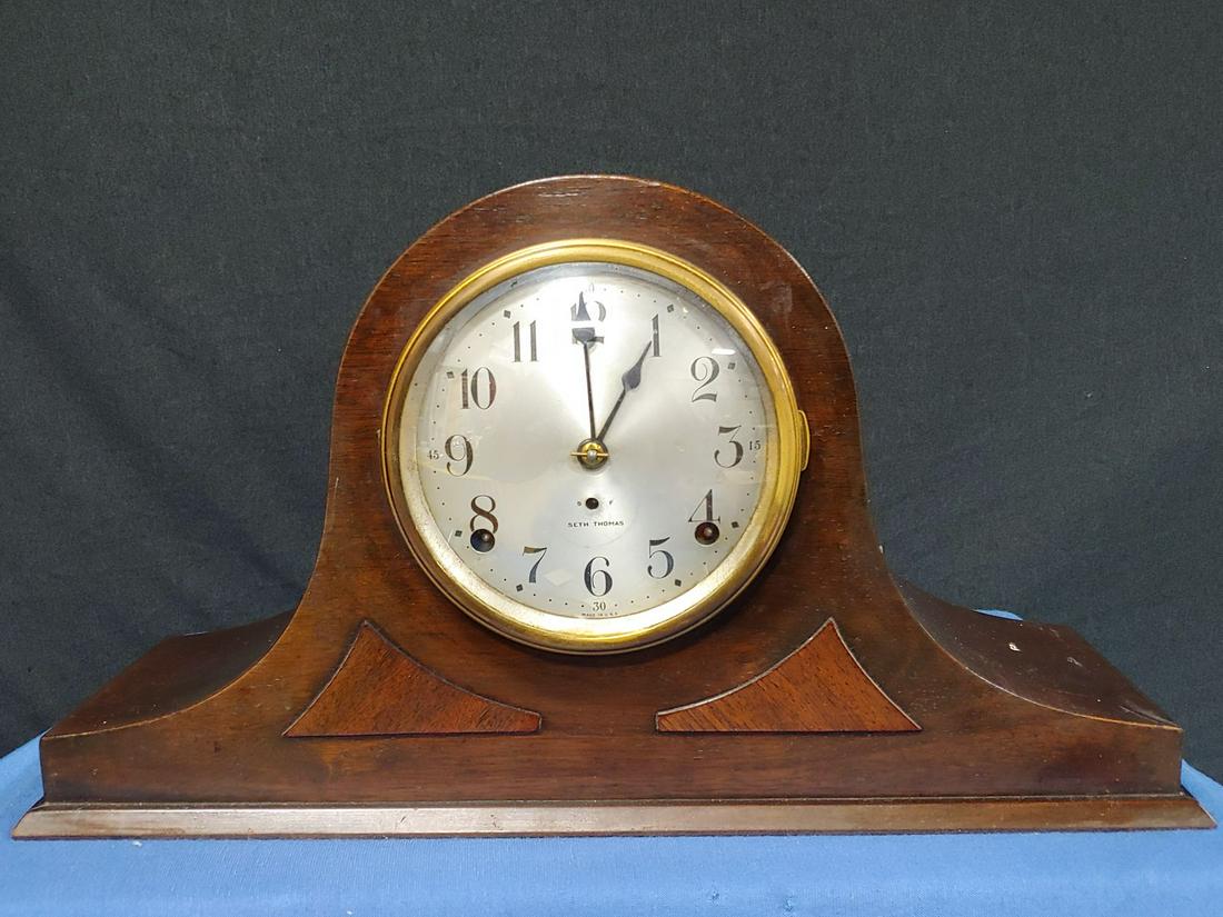 Clock - Seth Thomas Mantle Clock: Seth Thomas Mantle Clock. Dark wood veneer case. Original tin face, with pendulem.