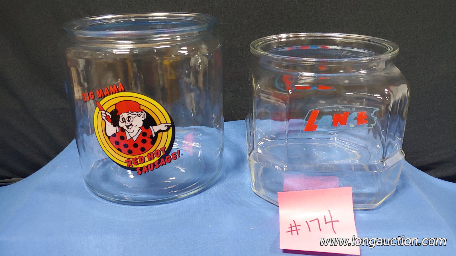 Country Store - Store Jars (2): Country Store Jars - 2. (1) Big Mama Red Hot Sausage; (1) Lance Store Jar with Lance embossed on bottom.