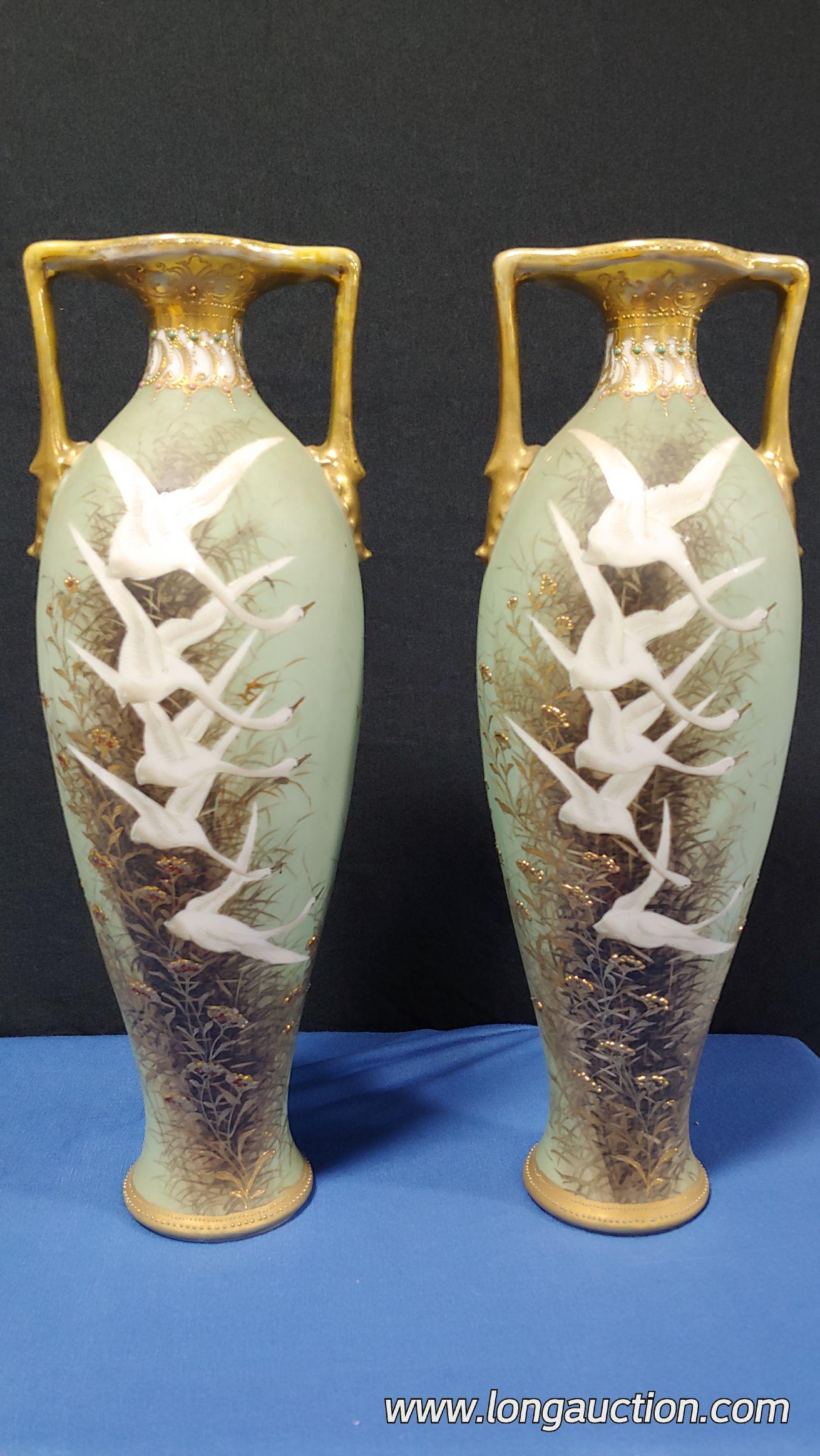 Nippon - Swans Flying through Marsh Vases (2): Nippon - Pair of Hand Painted handled Vases trimmed in heavy gold and enabled jewelling. Swans Flying through Maqrsh Reeds - Aqua flying swan (Page 92 in Nippon Porcelain Book Sixth Series)
