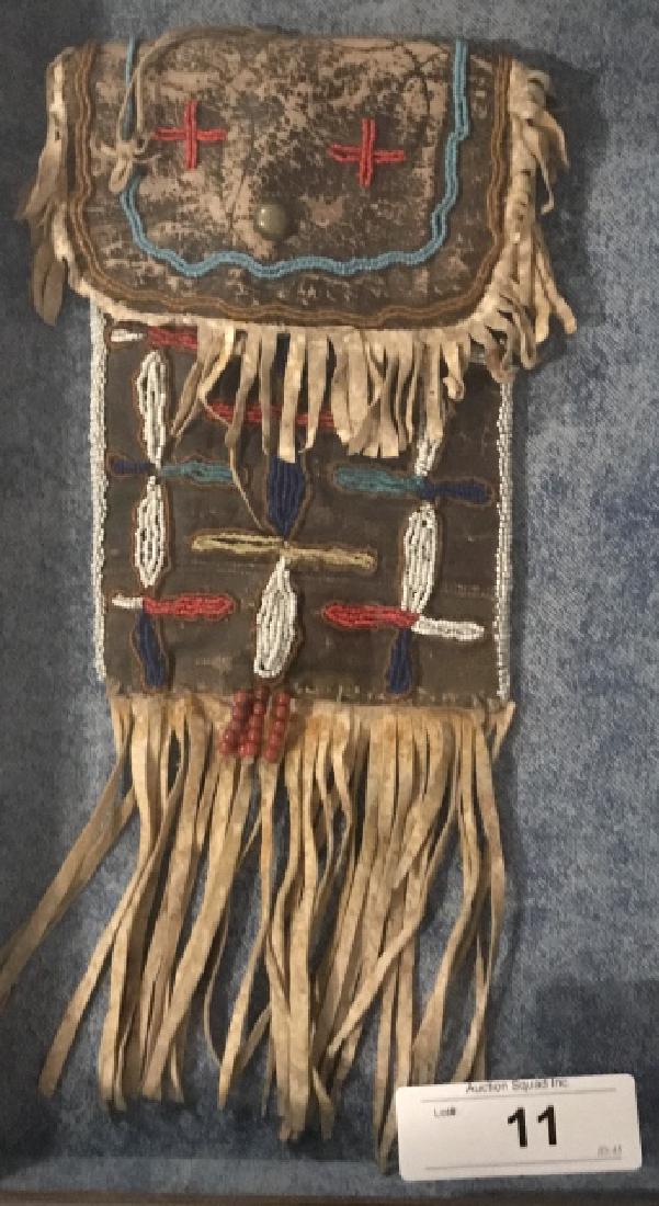 Framed Original Beaded Indian Medicine Bag: Leather, Decorative, Late 1800s 17.5" H X 11.5" W Including Shadow Box