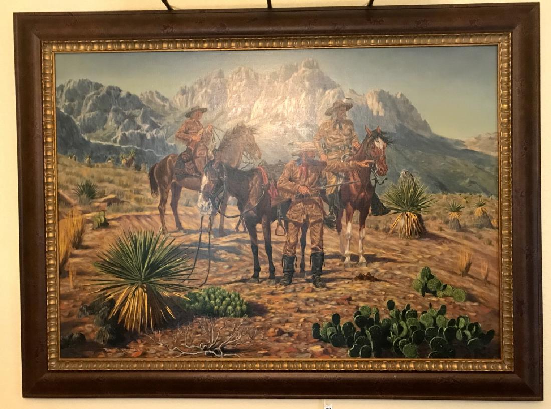 Joe Ruiz Grandee Framed Oil On Canvas, Signed: Army Scouts In Mountains. Renowned Texas Artist With Paintings That Are Highly Collectible And Exhibited At The U S Capital, Featured On Many Western Magazines, And With A Dedicated Room At The Nation