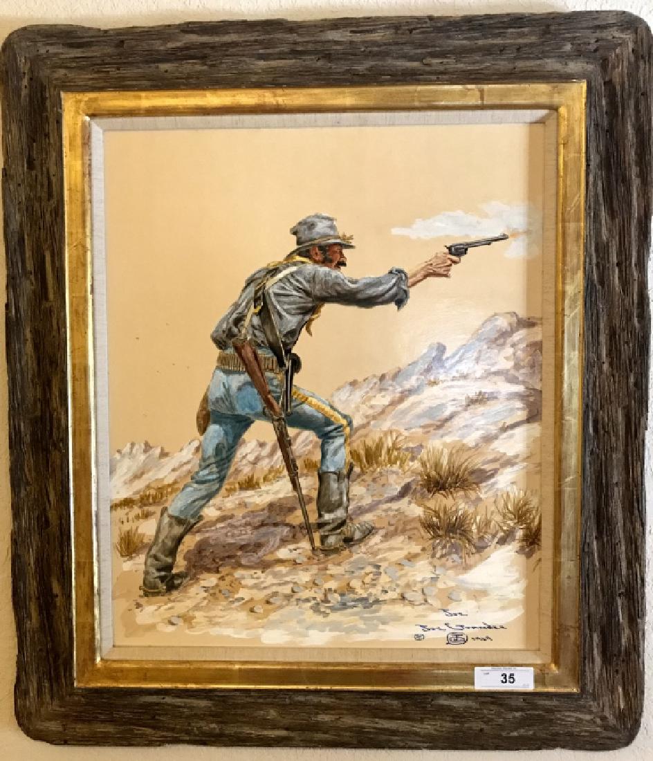 Joe Ruiz Grandee Original Oil On Board Painting: Circa 1969, Signed, Cavalry Man Shooting Pistol. Renowned Texas Artist With Paintings That Are Highly Collectible And Exhibited At The U S Capital, Featured On Many Western Magazines, And With A Dedic
