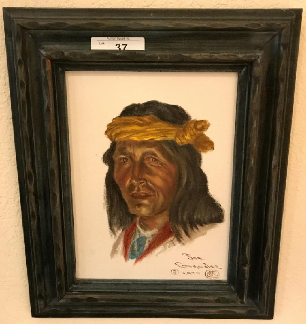 Joe Ruiz Grandee Original Oil Painting, Circa 1970: Indian With Headband, Signed. Renowned Texas Artist With Paintings That Are Highly Collectible And Exhibited At The U S Capital, Featured On Many Western Magazines, And With A Dedicated Room At The Na