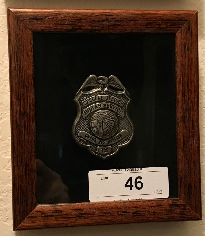 Special Officer Indian Service Reservation Badge: Original, Framed, Omaha 7" H X 6" W Including Shadow Box