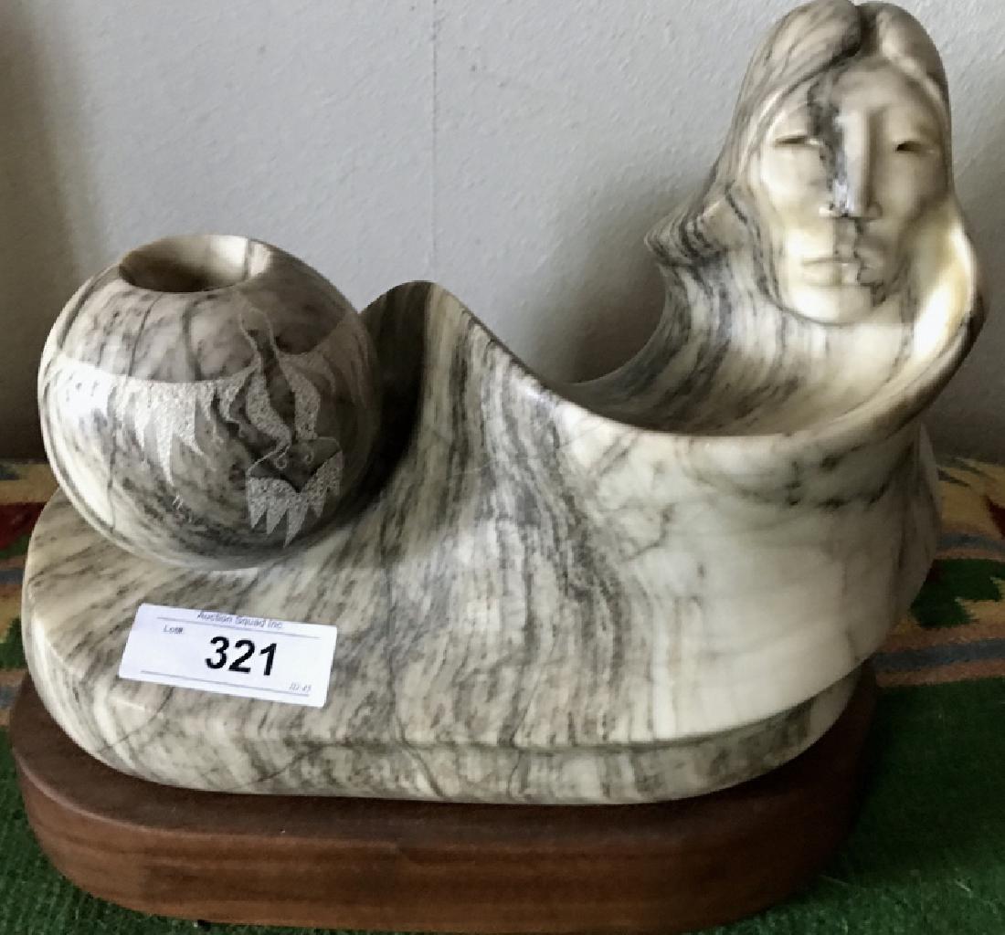 Carved Navajo Alabaster Figure On Wooden Base: 12" H X 13" W