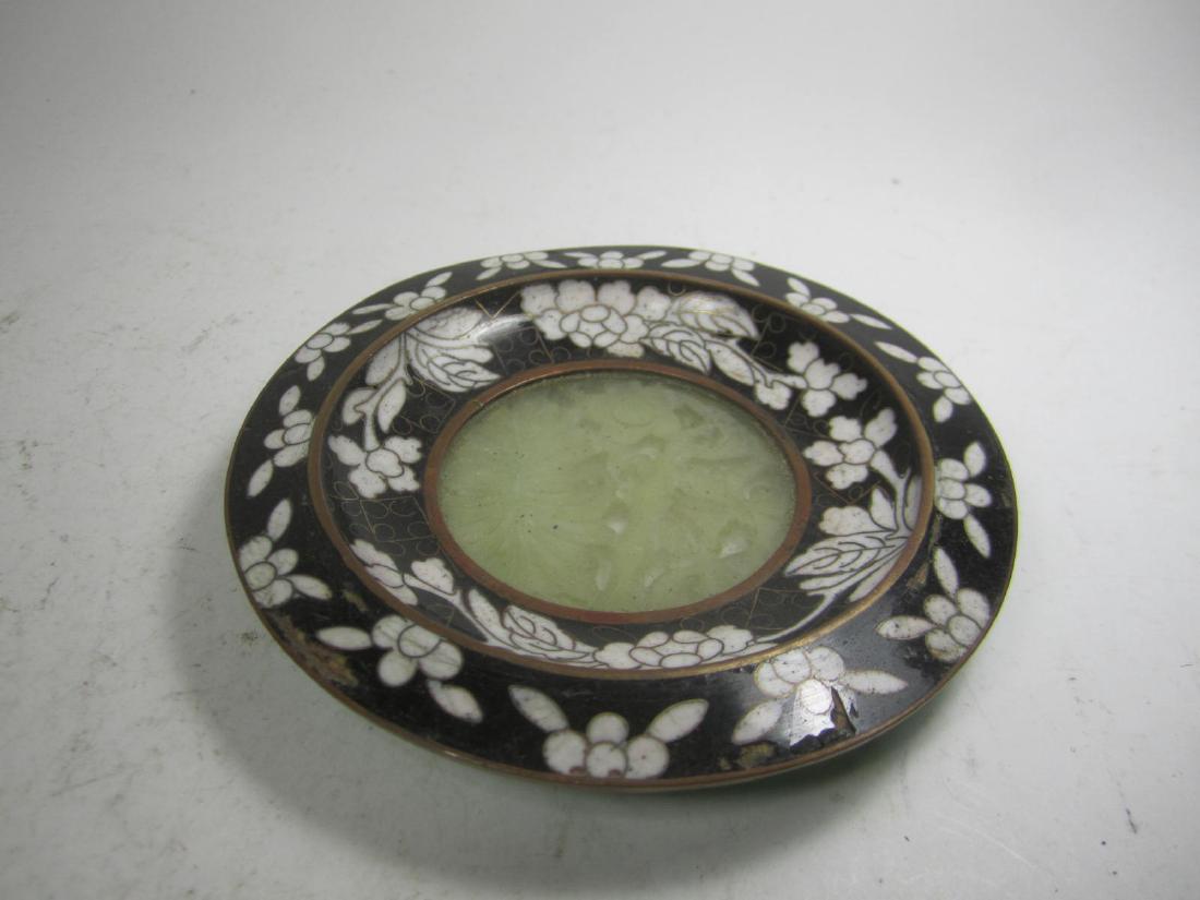 CHINESE CLOISONNE DISH WITH CARVED JADE BOTTEM. (1 of 5)