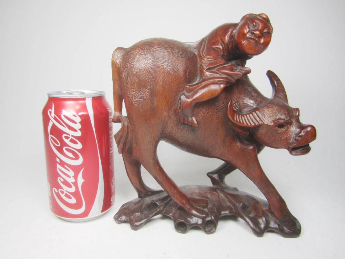 CHINESE WOOD CARVING OF BOY ON OX: 7.5"H