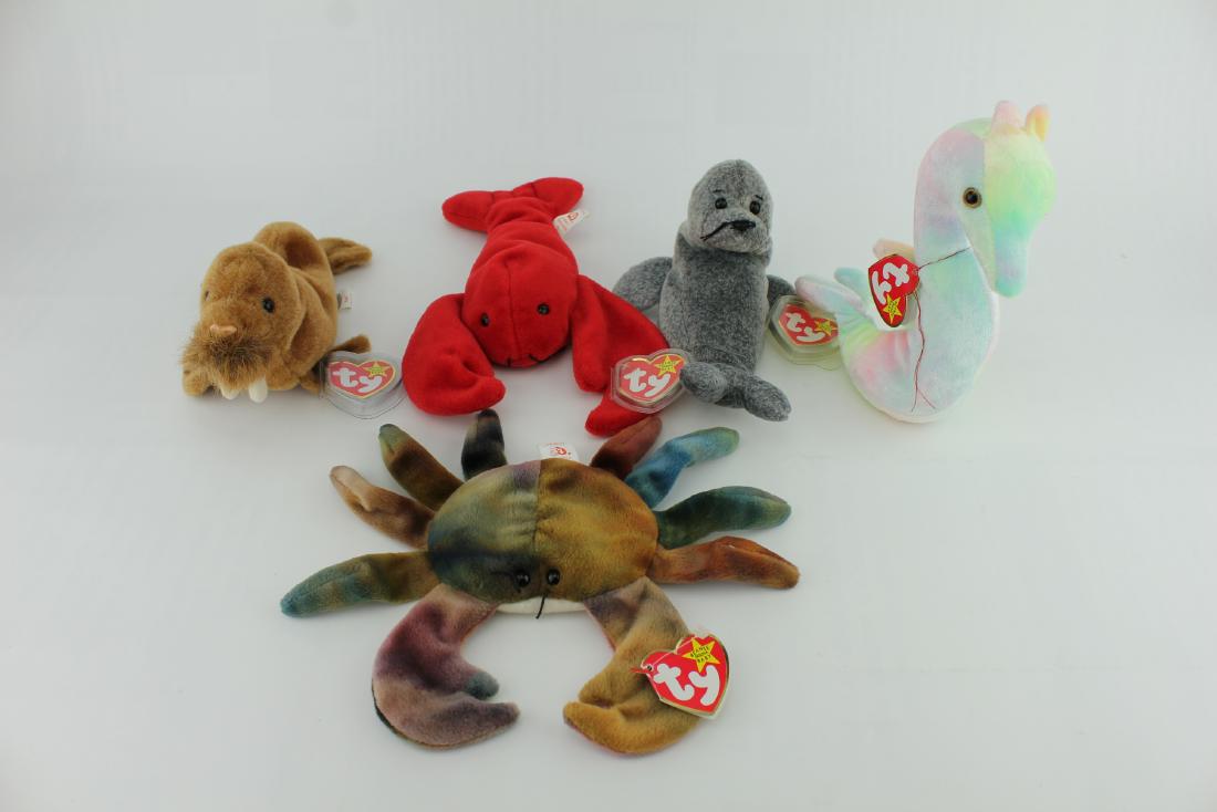 FIVE FY ORIGINAL BEANIE BABIES: From The Beanie Babies Collection, including Claude, Pinchers, Slippery, Neon, Paul. 7"L-9"L.