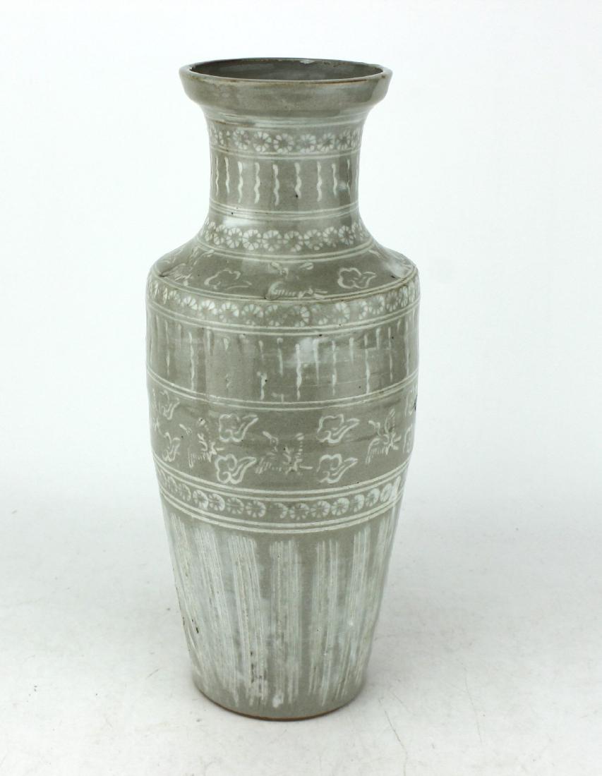 A KOREAN CELADON VASE: 12" H X 5" D. Age appropriate wear.