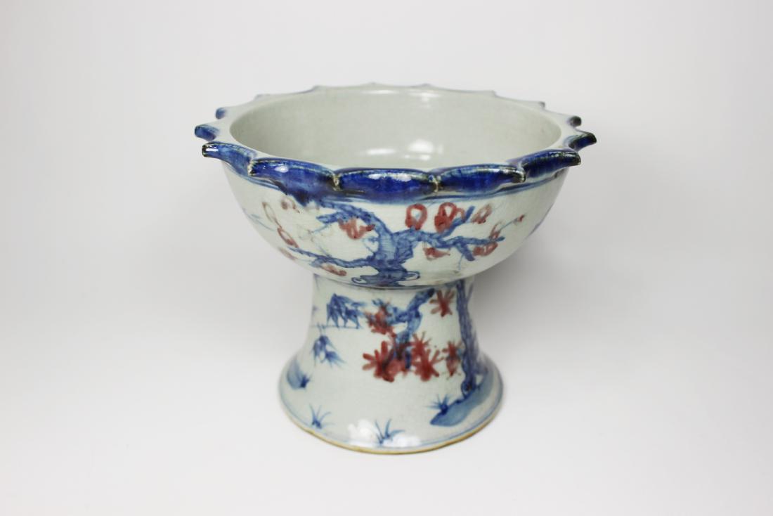 CHINESE B/W UNDERGLAZE RED HIGH-FOOT BOWL (1 of 5)
