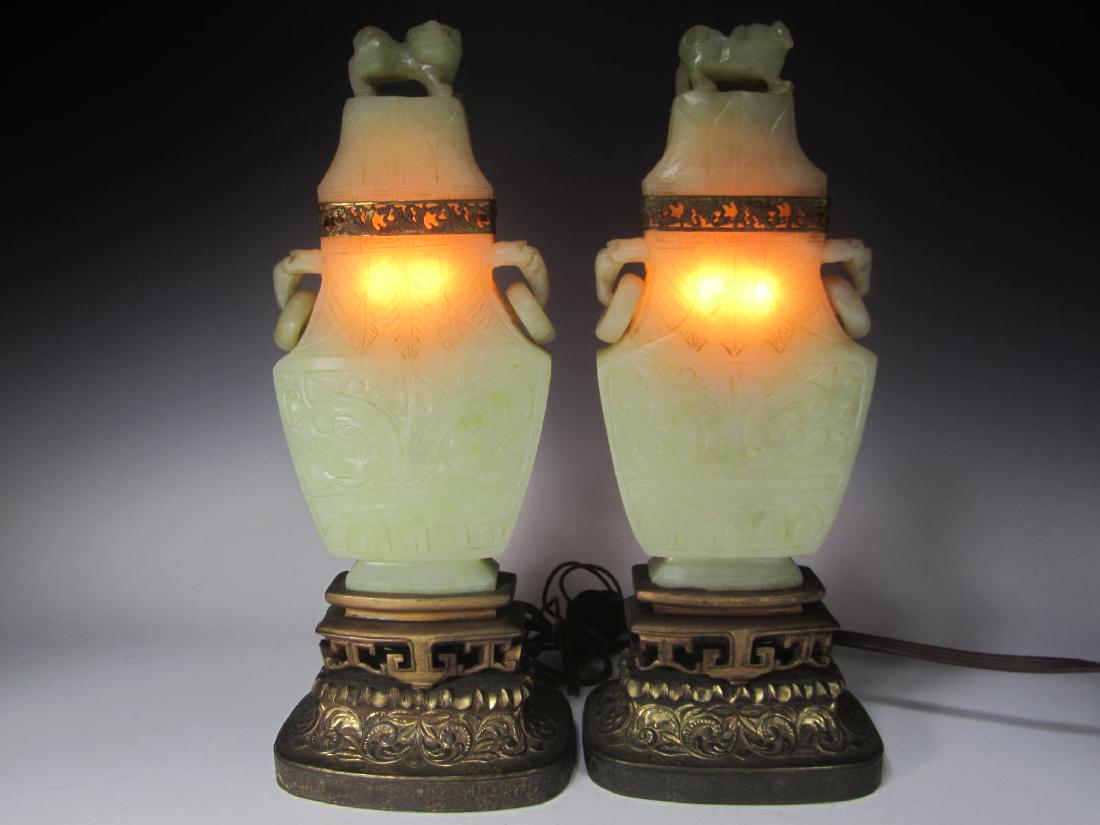 PAIR OF ANTIQUE CARVED CELADON JADE TABLE LAMPS (1 of 10)