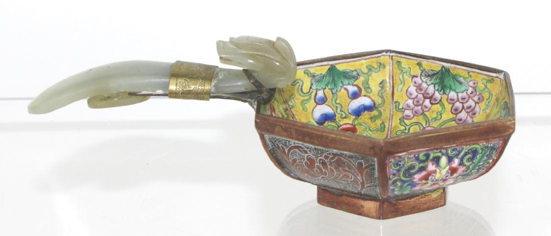 CHINESE ENAMELED HEXAGONAL BOWL W/ JADE HANDLE (1 of 6)