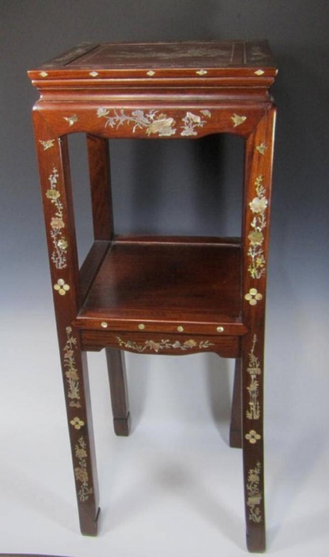 CHINESE ROSEWOOD MOTHER-OF-PEARL INLAY STOOL: A very fine Chinese rosewood mother-of-pearl inlay stool, in excellent condition. It measures 14 in. (L) X 14 in. (W) X 38 in. (H).