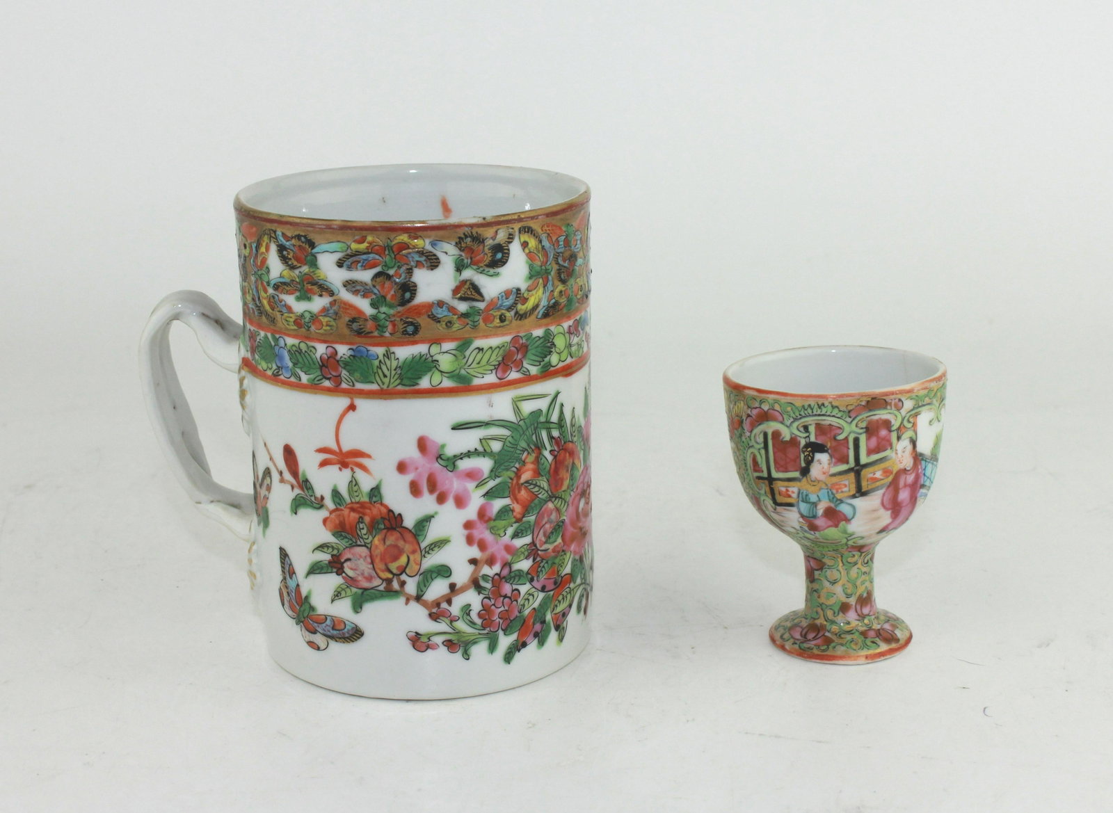 AN EXPORT MADELLION ROSE MUG AND A STEM CUP: Mug measures approx. 4 in. Height, and the cup measures 2 1/4 in. Height. Cup with restoration.