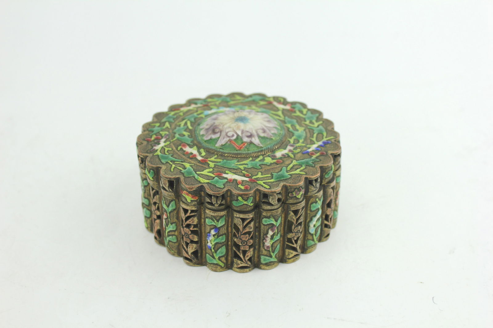 ANTIQUE ROUND BRONZE ENAMEL POWDER BOX (1 of 5)