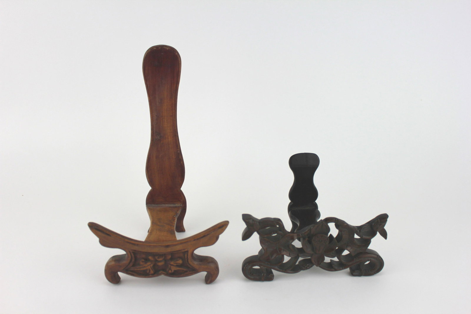TWO CHINESE WOOD STANDS: The larger one measures approx. 8 X 4 X 4 3/4 in., the smaller one is approx. 5 1/4 X 3 X 4 in..